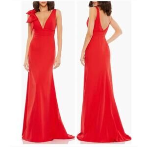 Mac Duggal 49454 Bow Shoulder Red V-Neck Gown Dress 10
